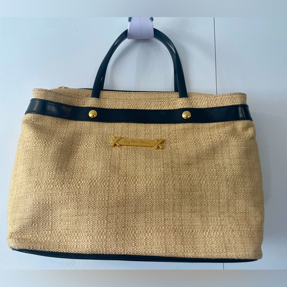 Paloma Picasso straw and black leather handbag.